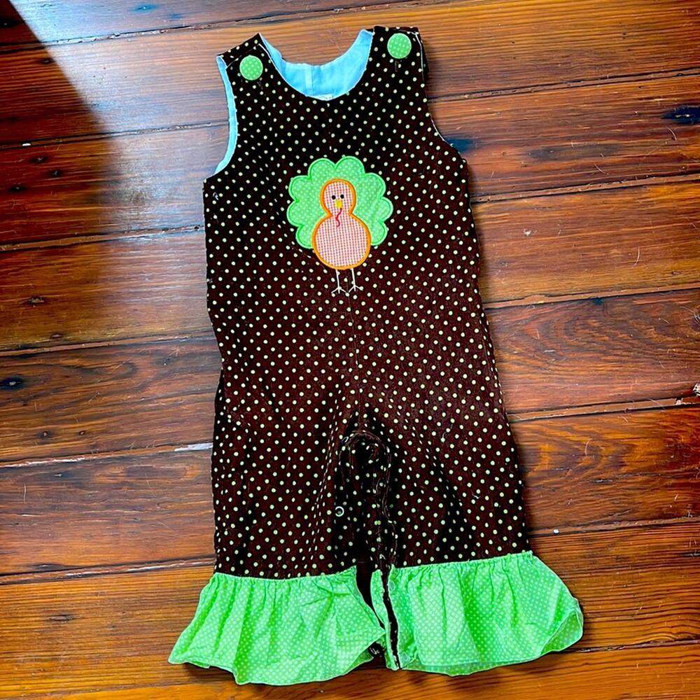 Castles & Crowns Thanksgiving fall polka dot corduroy turkey appliqué romper 12M